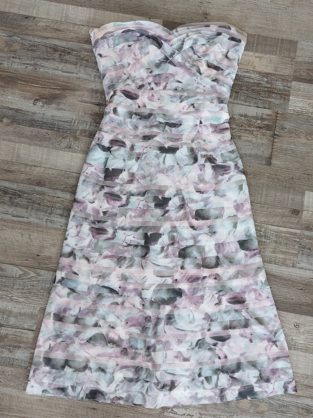 BCBGMaxAzria Strapless Pastel Floral A-Line Dress in Pink, Gray and Mint